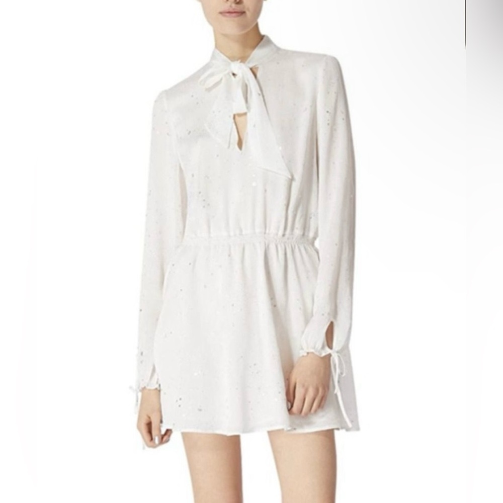 Avec Les Filles Long Sleeve Metallic Splatter Tie Crinkle Mini Dress NWT